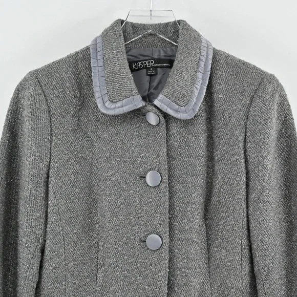 Vtg Kasper Womens Tweed Blazer Size 6‎ Gray Wool Metallic Career Business Jacket - Picture 9 of 13
